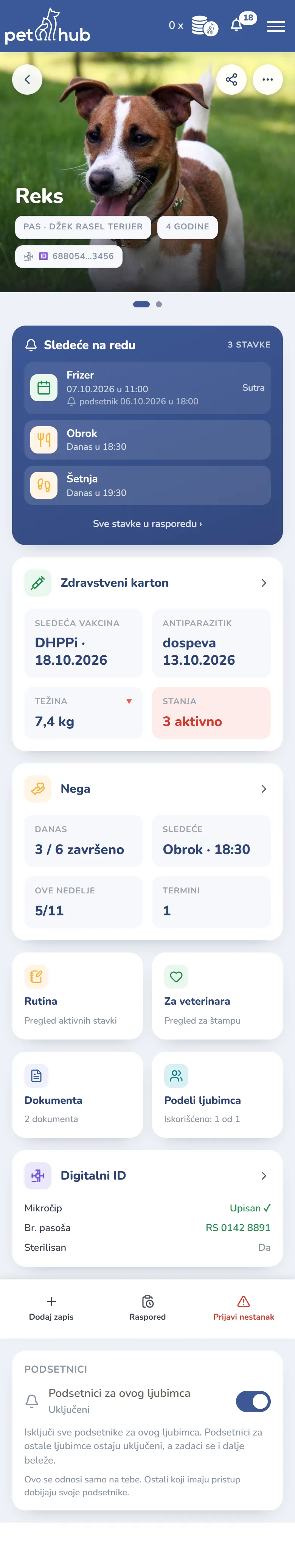 Pregled ljubimca u aplikaciji Pethub