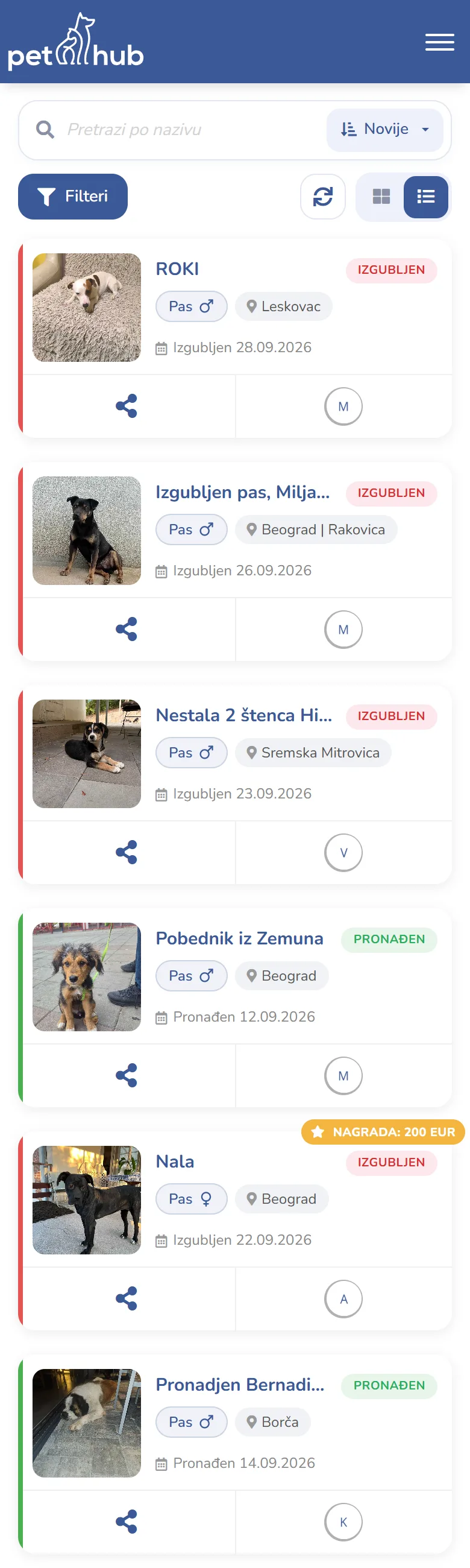 Prijave nestalih i nađenih ljubimaca