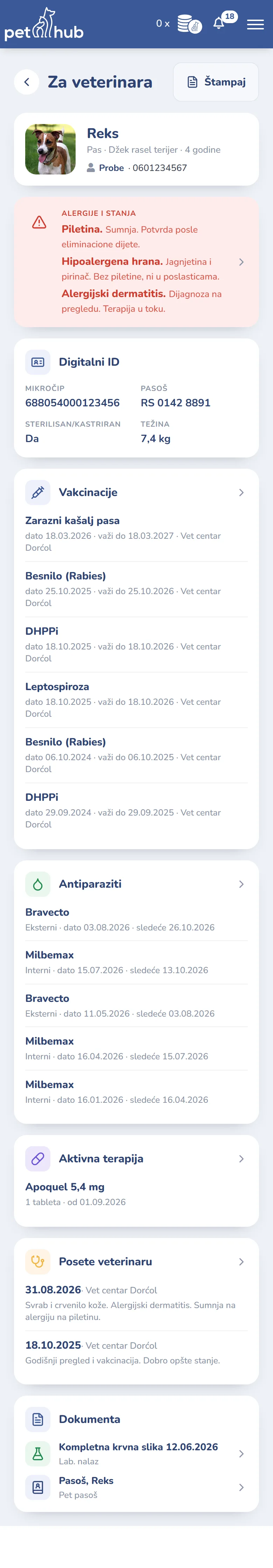 Ekran Za veterinara sa alergijama, vakcinama i terapijama